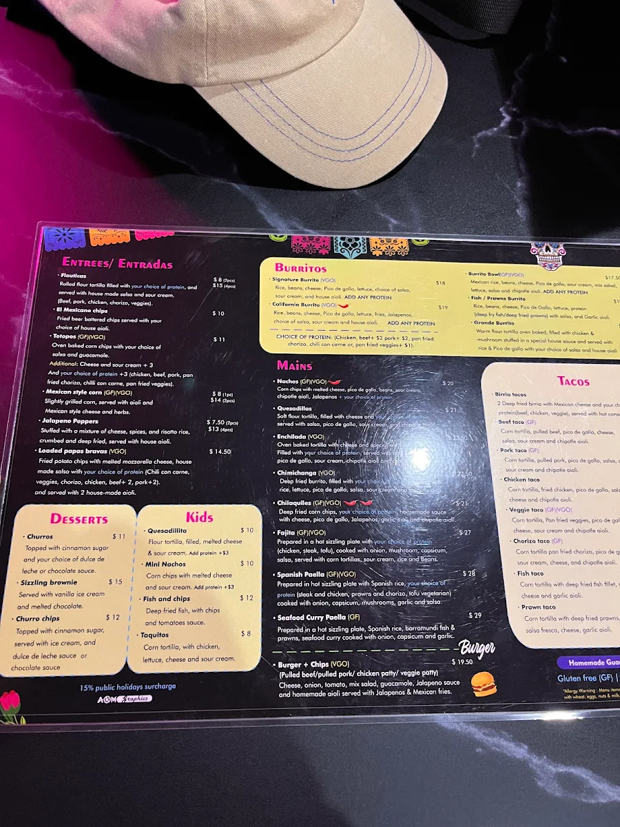 Menu, EL Mexicano Glenelg