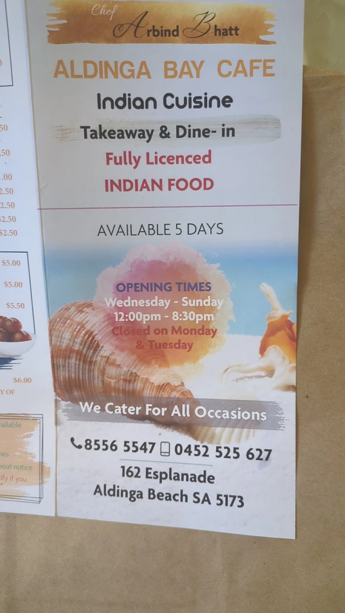 Menu, Aldinga Bay Cafe