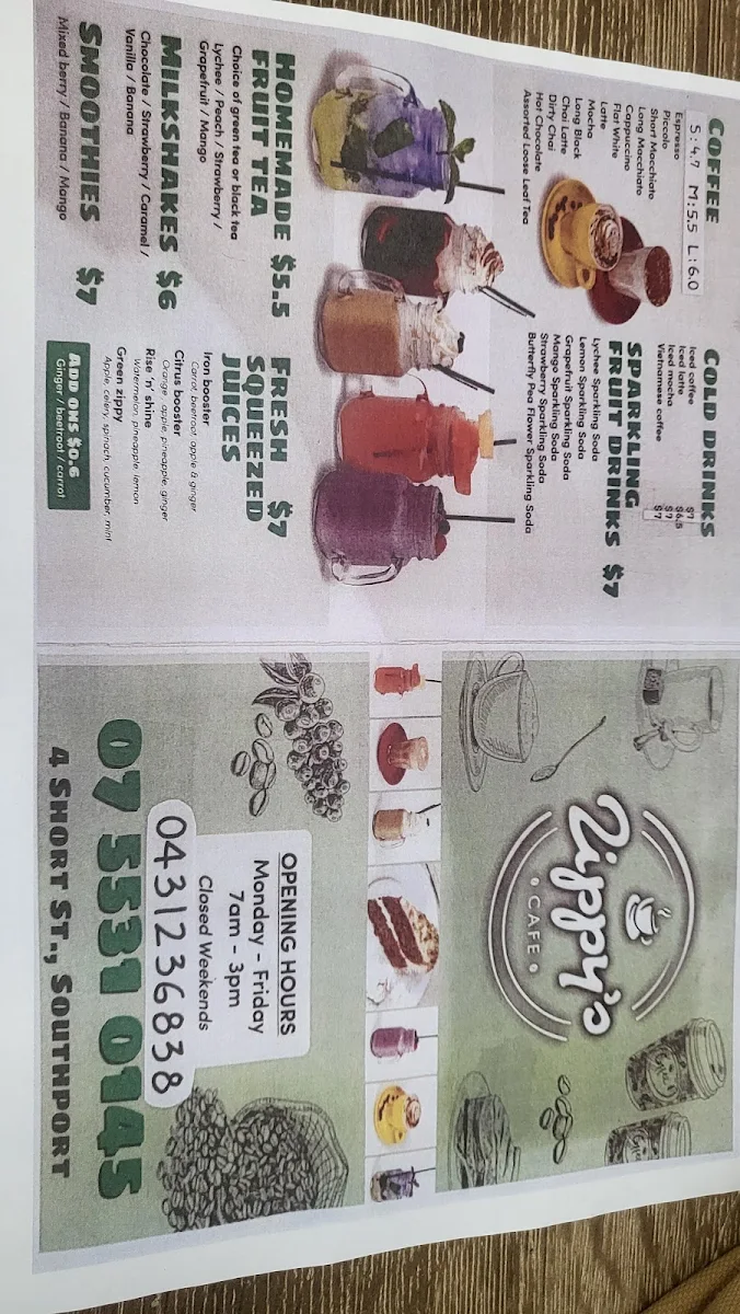 Menu, Zippy Cafe & Juice Bar