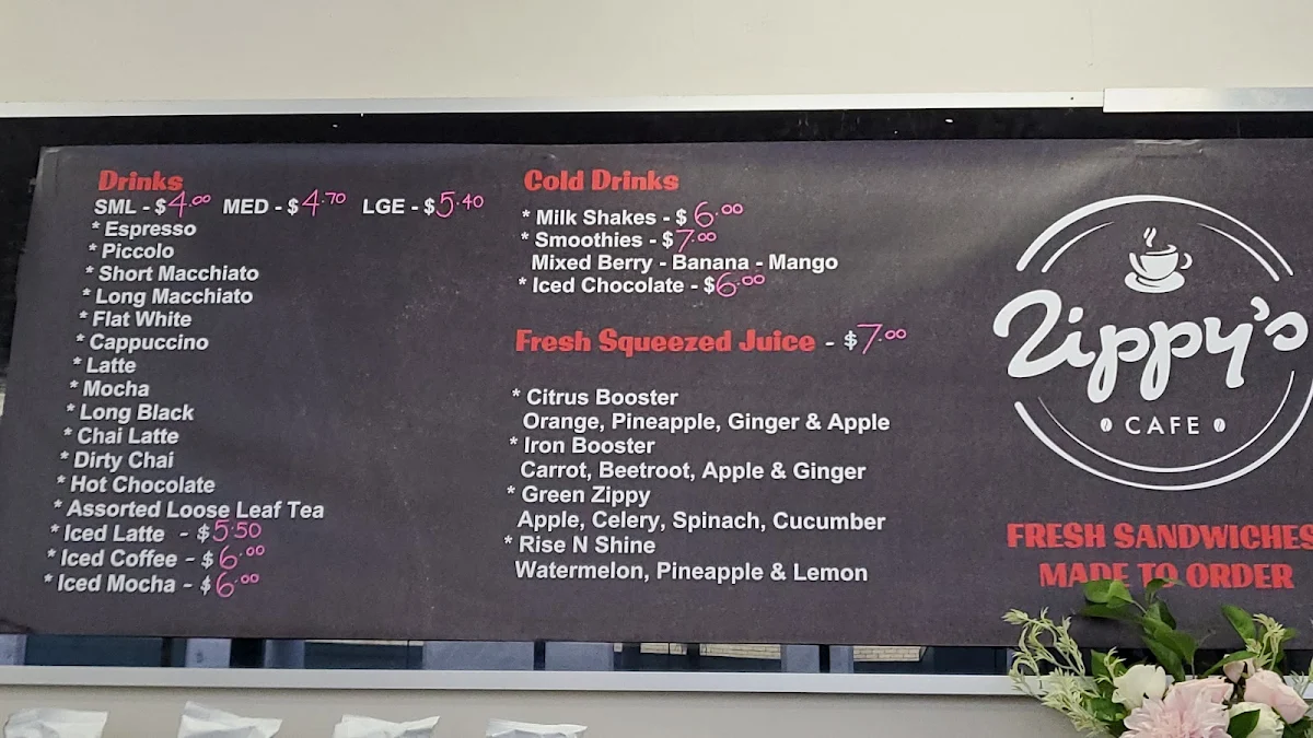 Menu, Zippy Cafe & Juice Bar