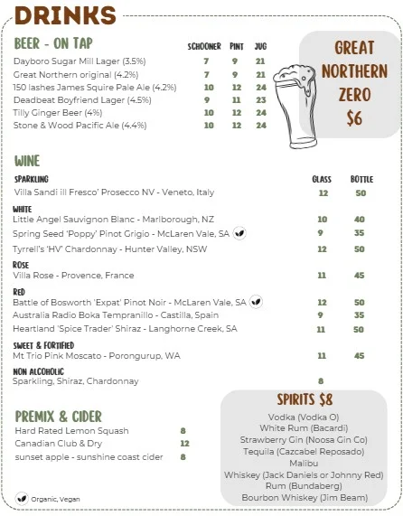 Menu, Dayboro Sugar Mill
