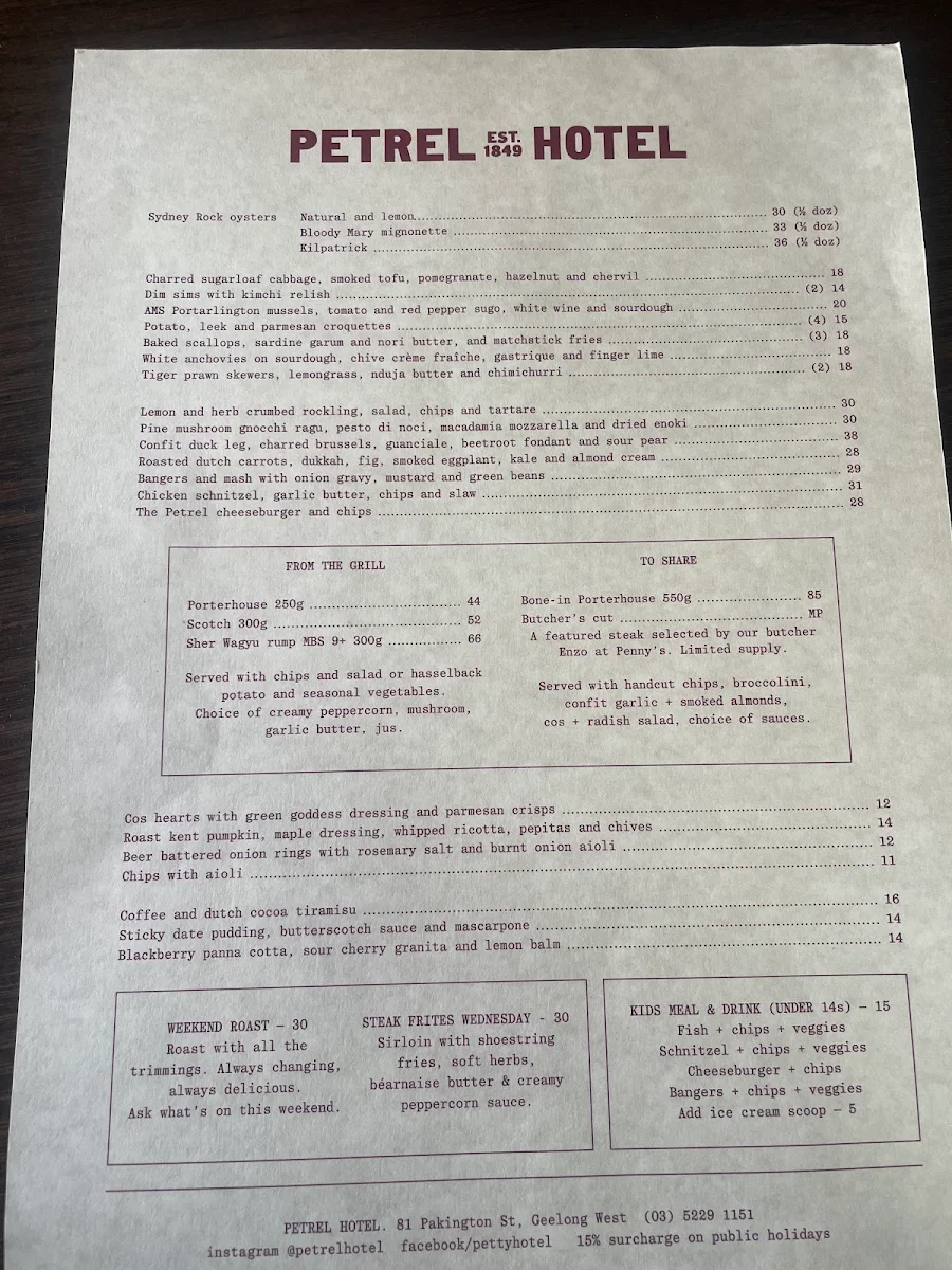Menu, Petrel Hotel