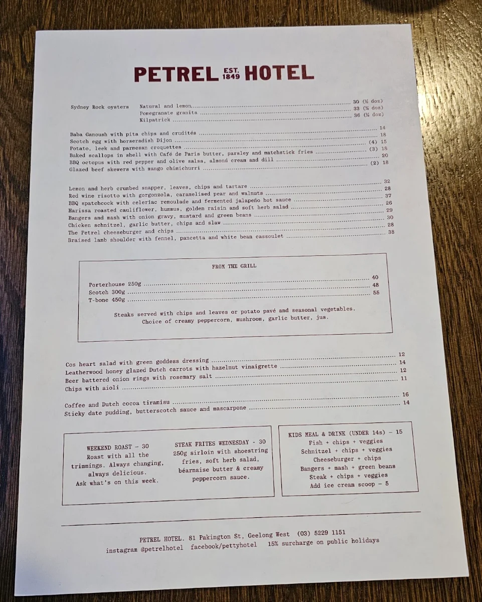 Menu, Petrel Hotel