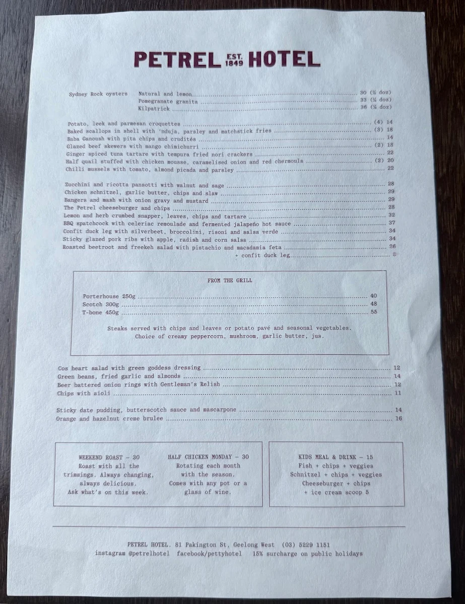 Menu, Petrel Hotel