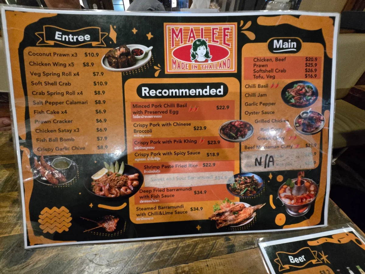 Menu, Malee Made in Thailand Restaurant