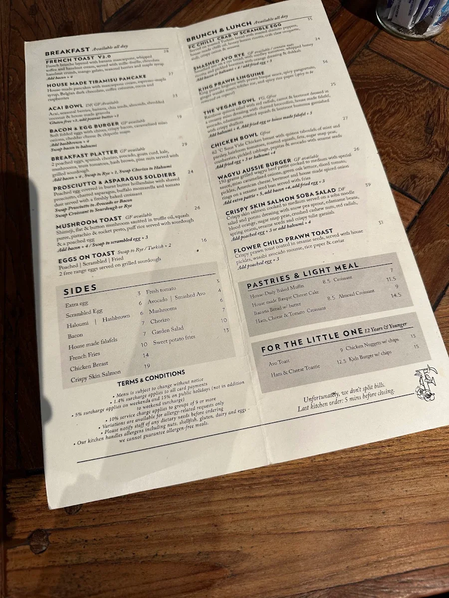 Menu, Flower Child Cafe Chatswood