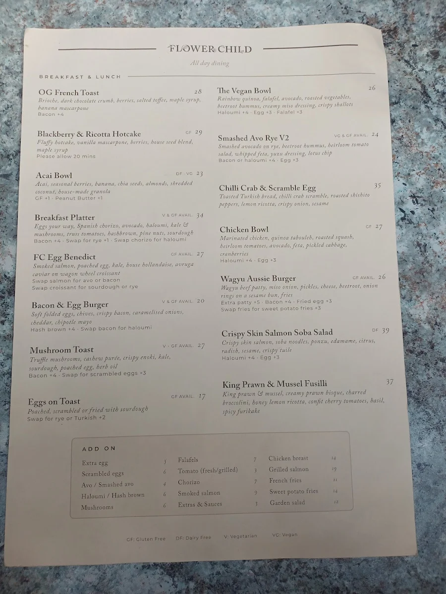 Menu, Flower Child Cafe Chatswood