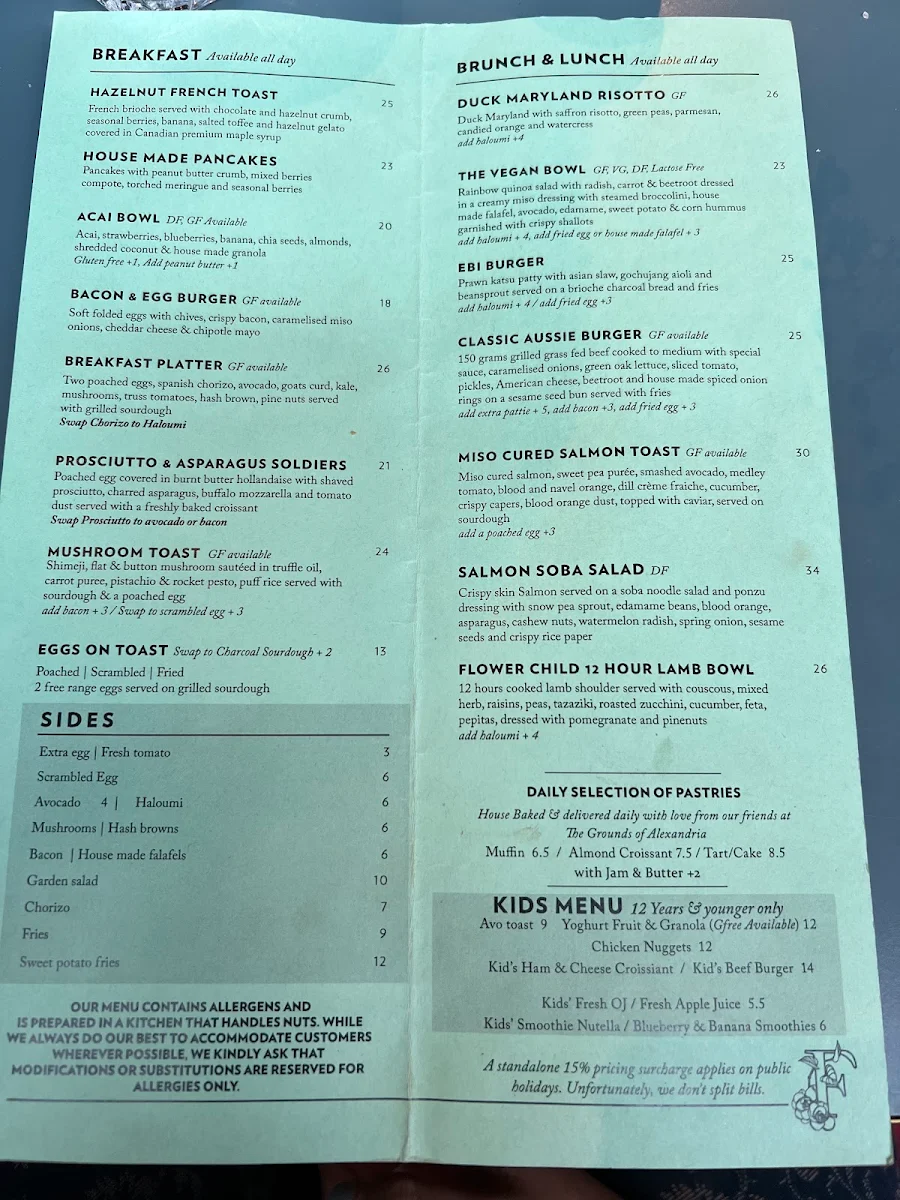 Menu, Flower Child Cafe Chatswood