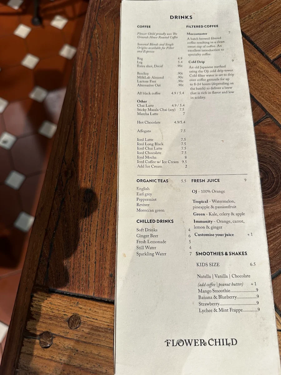 Menu, Flower Child Cafe Chatswood
