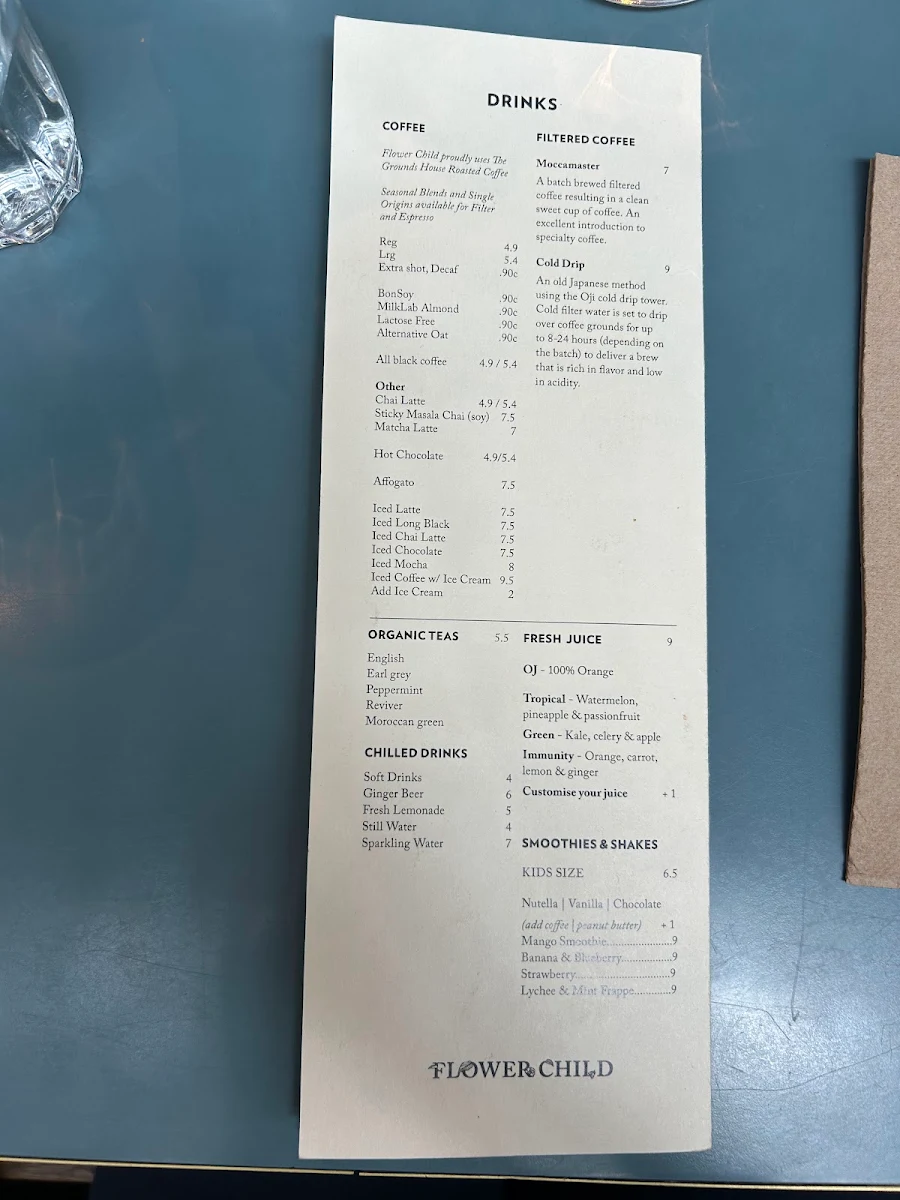 Menu, Flower Child Cafe Chatswood
