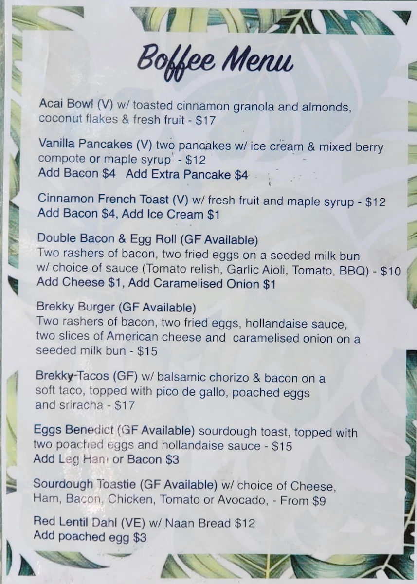 Menu, Boffee Café
