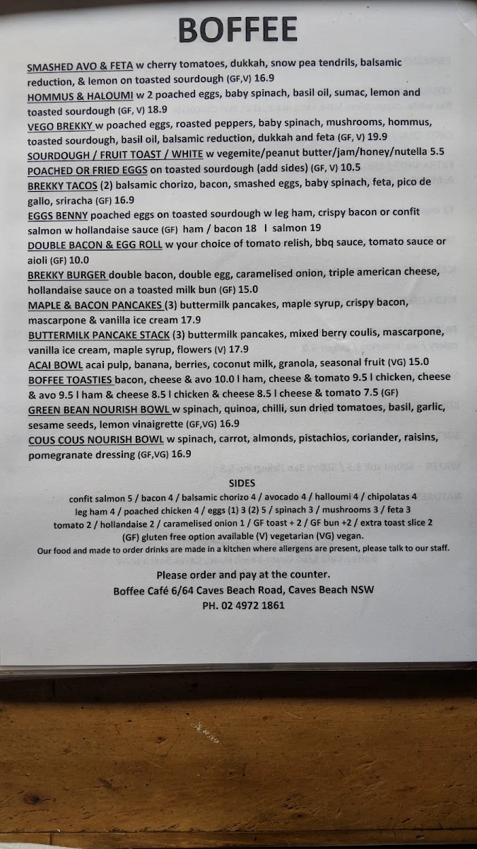 Menu, Boffee Café