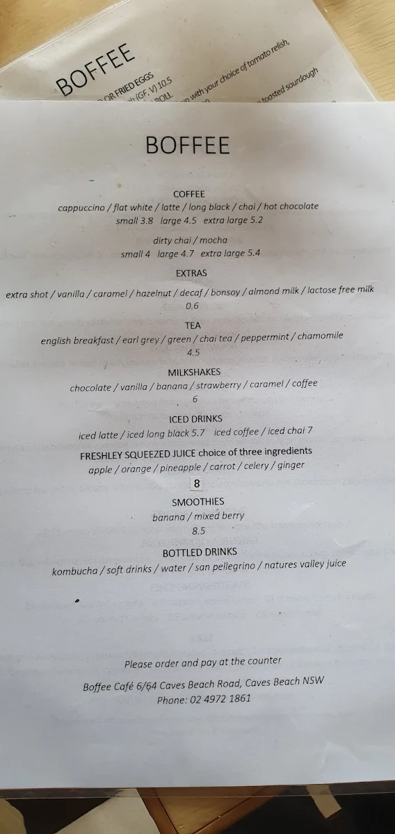 Menu, Boffee Café