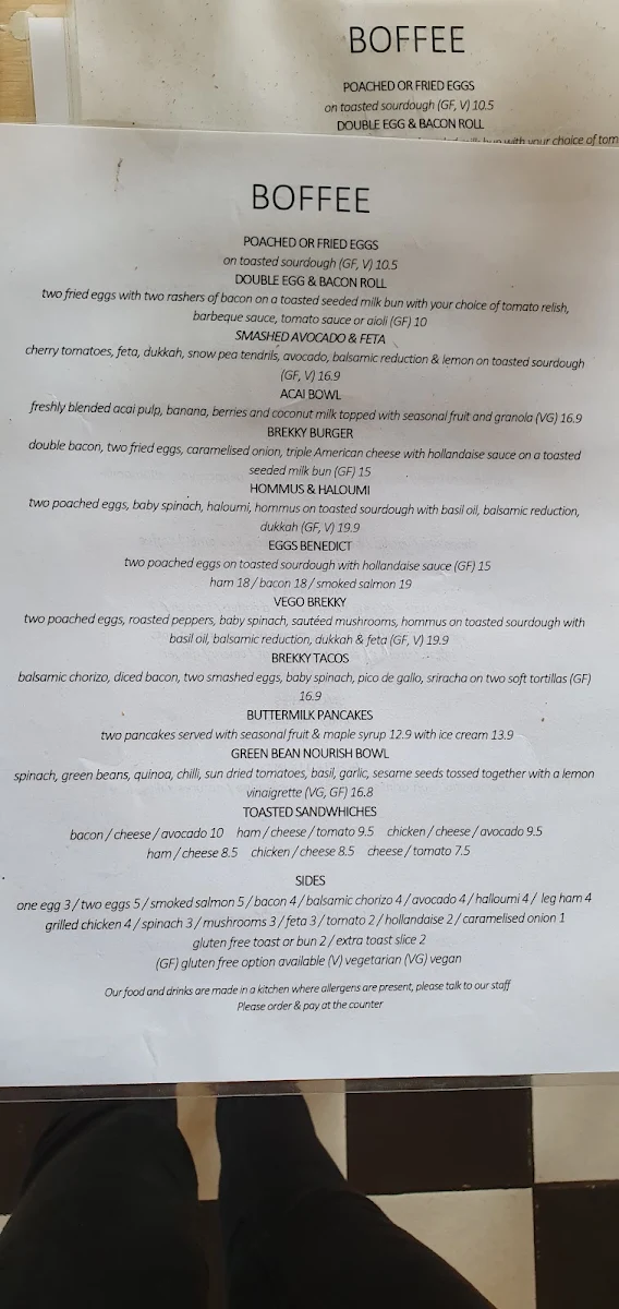 Menu, Boffee Café