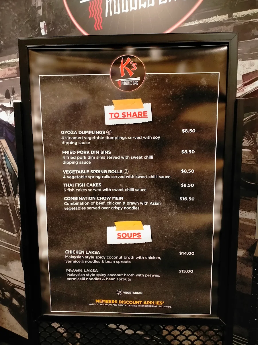 Menu, K's Noodle Bar