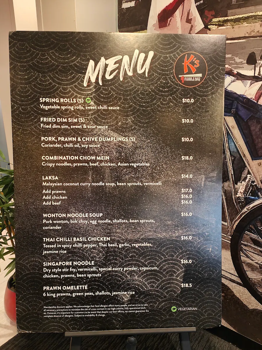 Menu, K's Noodle Bar