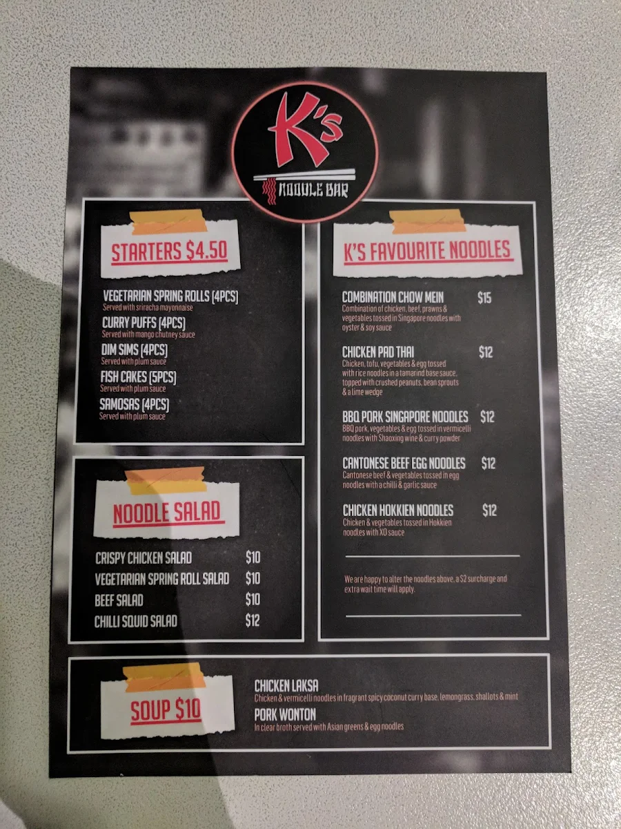 Menu, K's Noodle Bar