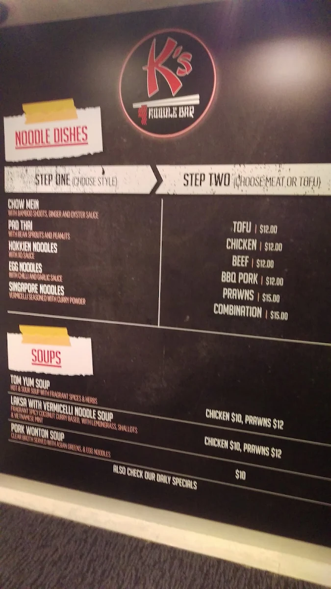 Menu, K's Noodle Bar