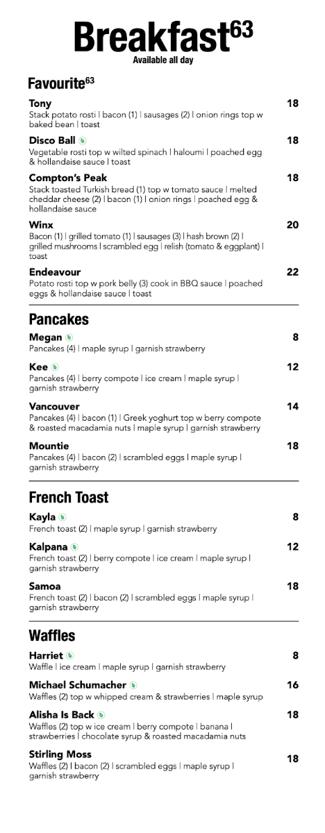 Menu, Café63© Sandgate