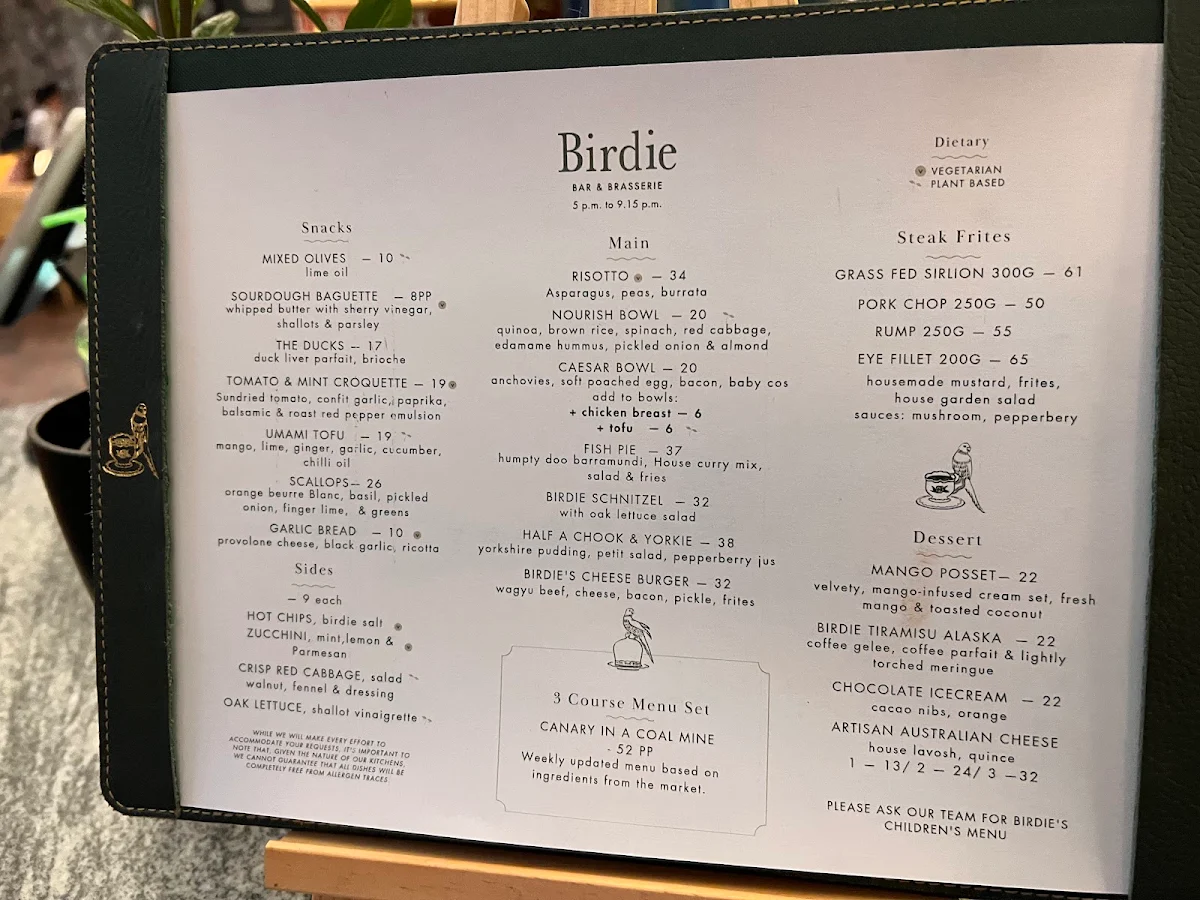 Menu, BIRDIE BAR & BRASSERIE