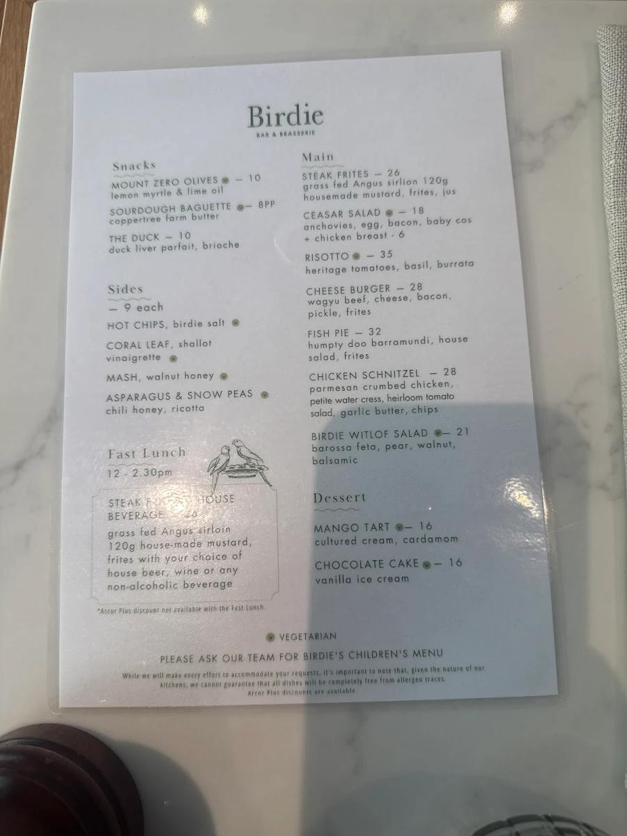 Menu, BIRDIE BAR & BRASSERIE