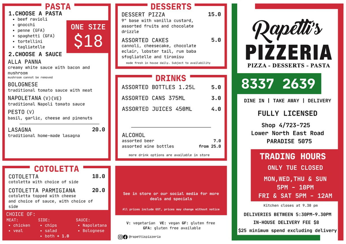 Menu, Rapetti's Pizzeria