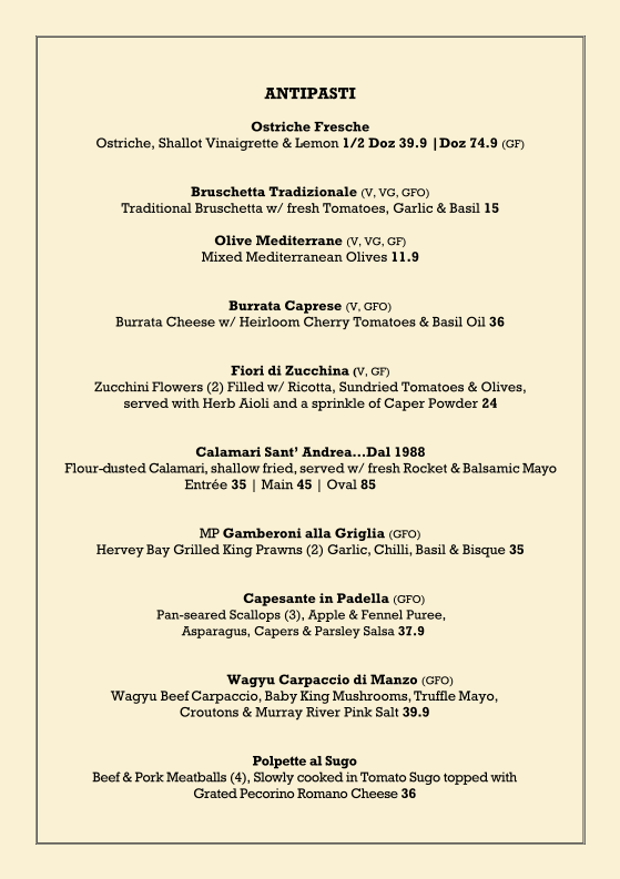 Menu, Caffe e Cucina