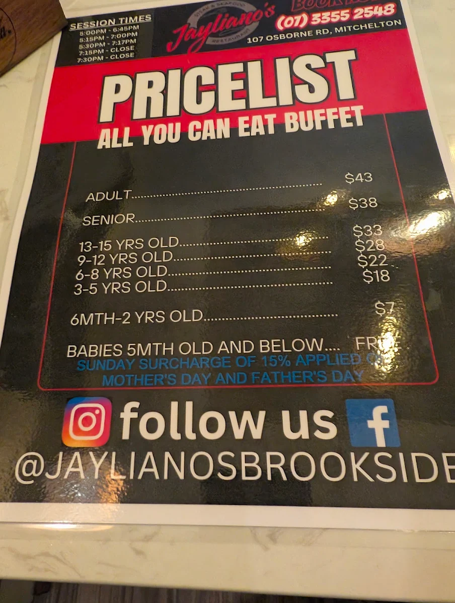 Menu, Jayliano's Brookside