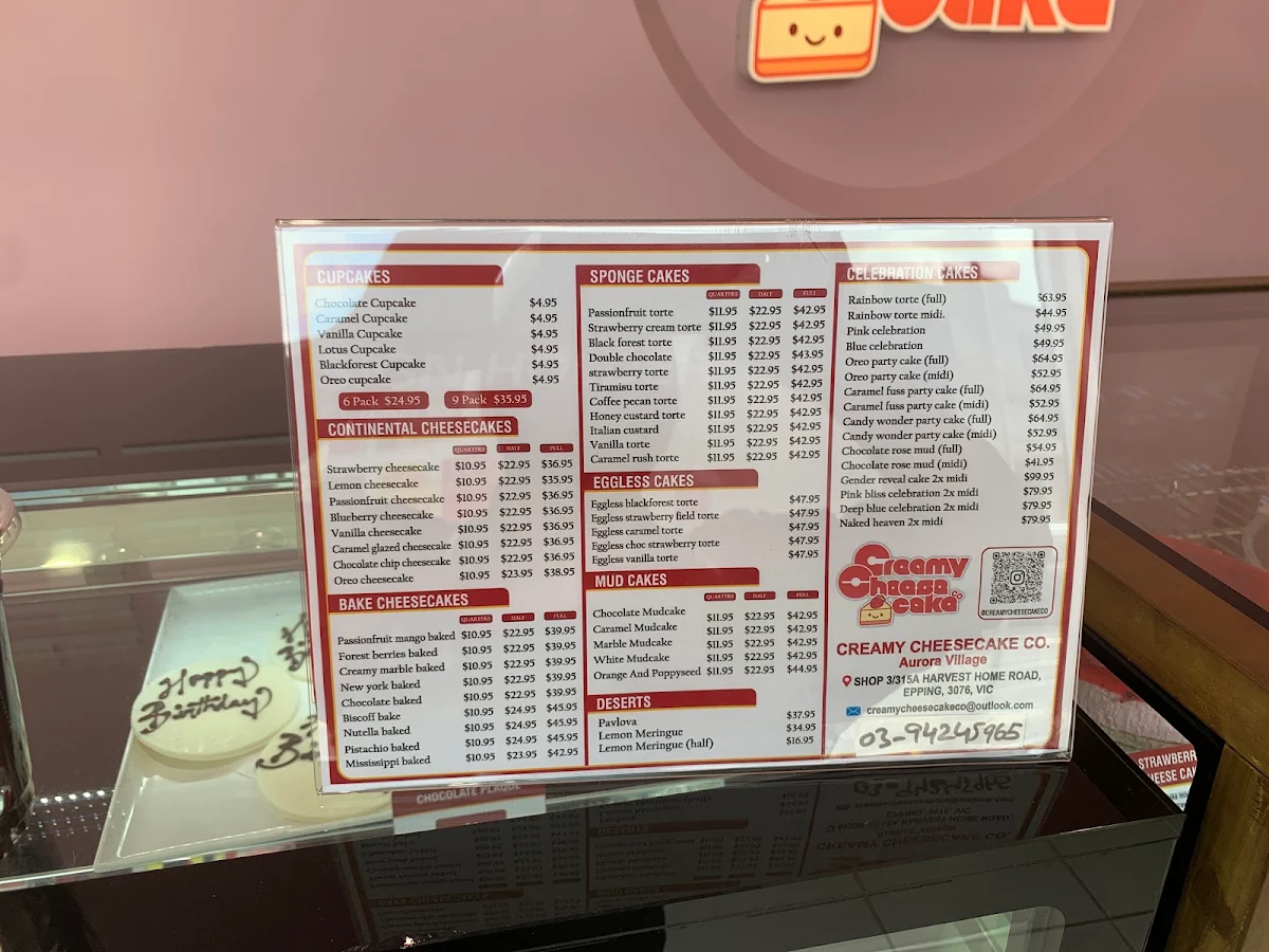 Menu, Creamy Cheesecake Co