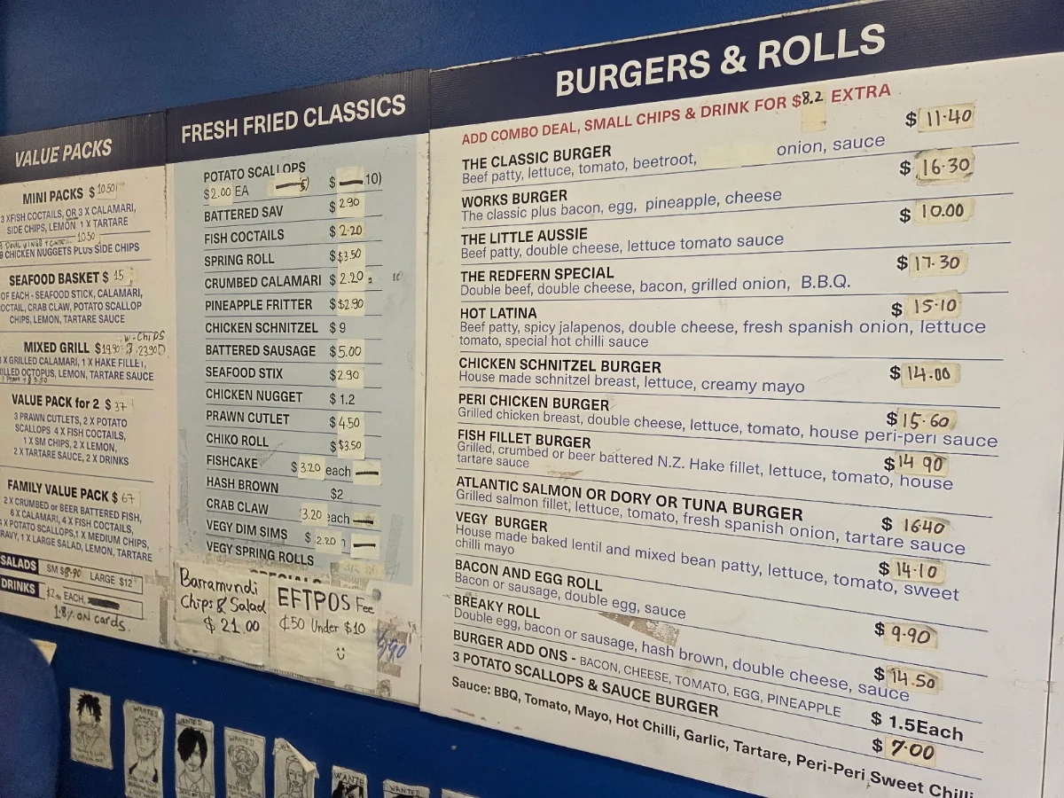 Menu, Redfern Fish & Chips