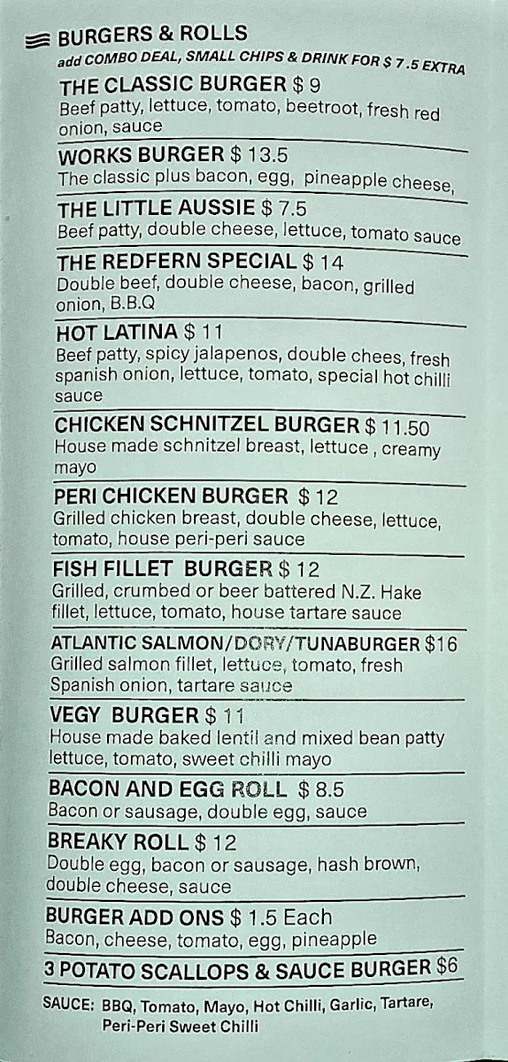 Menu, Redfern Fish & Chips