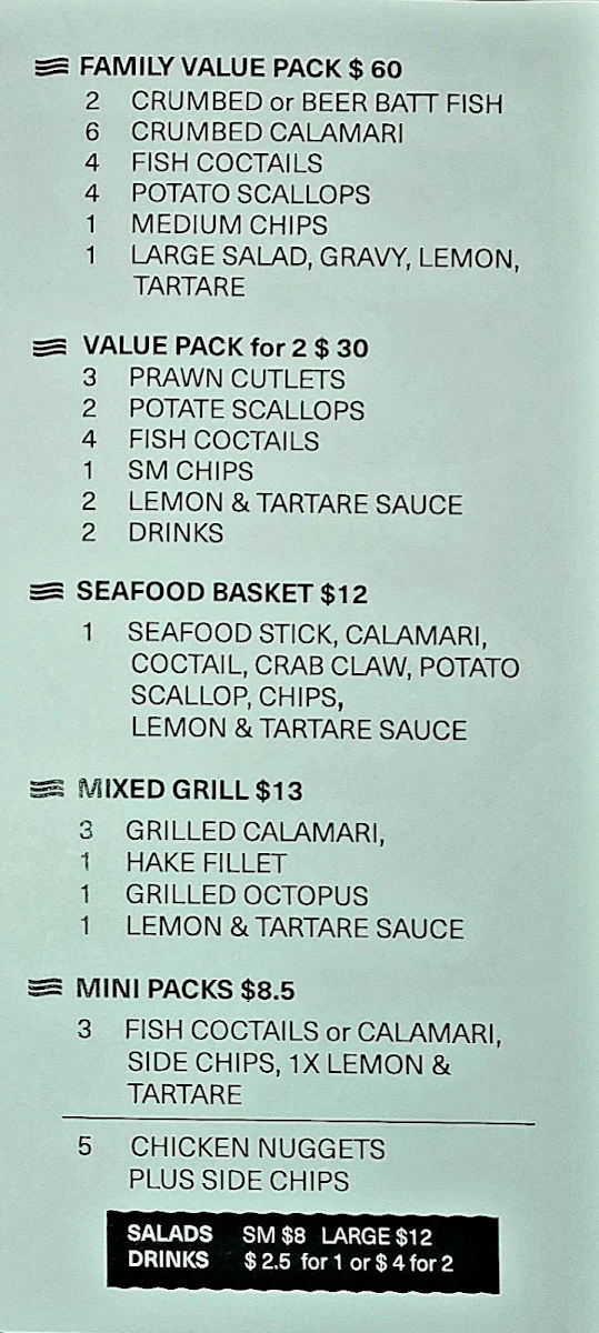 Menu, Redfern Fish & Chips