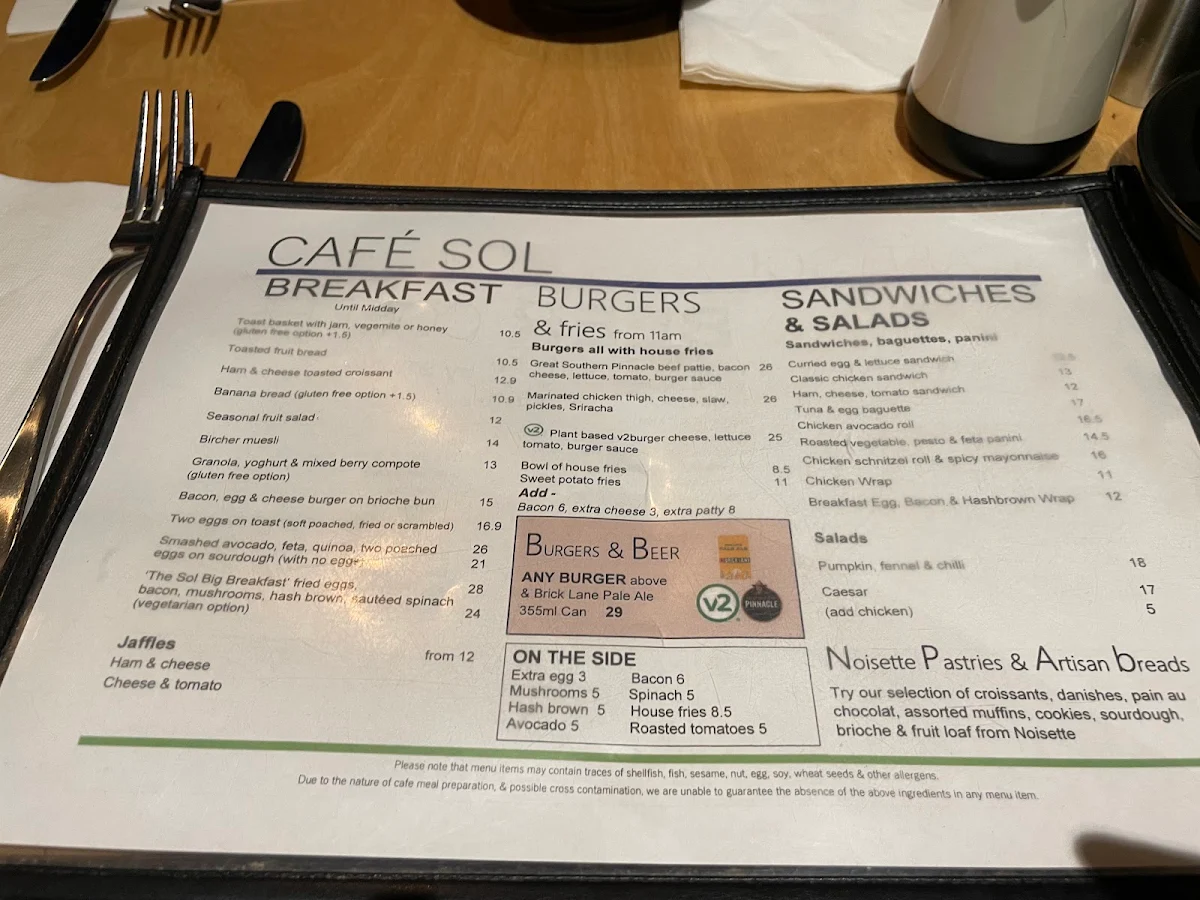 Menu, Cafe Sol