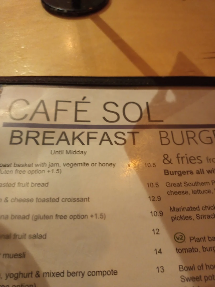 Menu, Cafe Sol