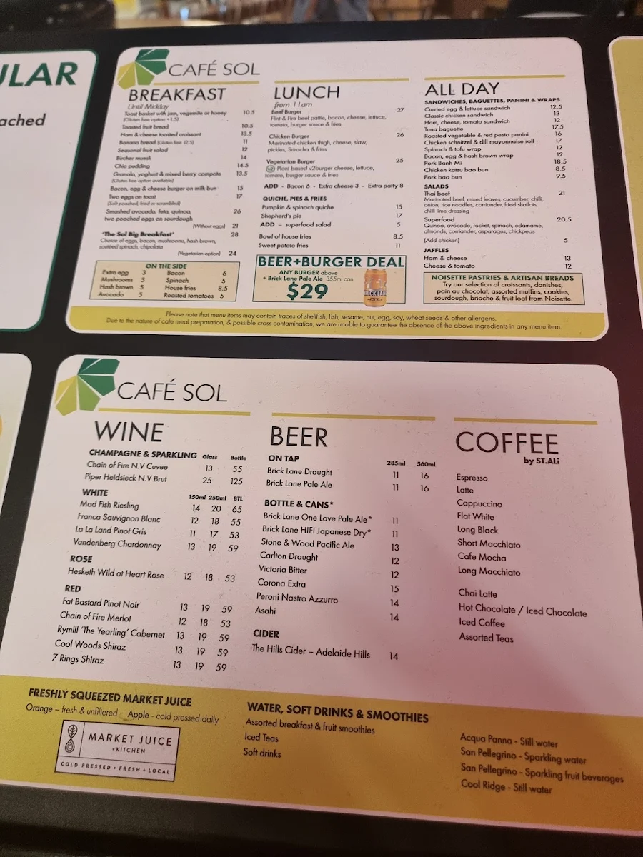 Menu, Cafe Sol