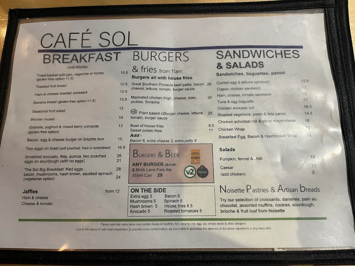 Menu, Cafe Sol