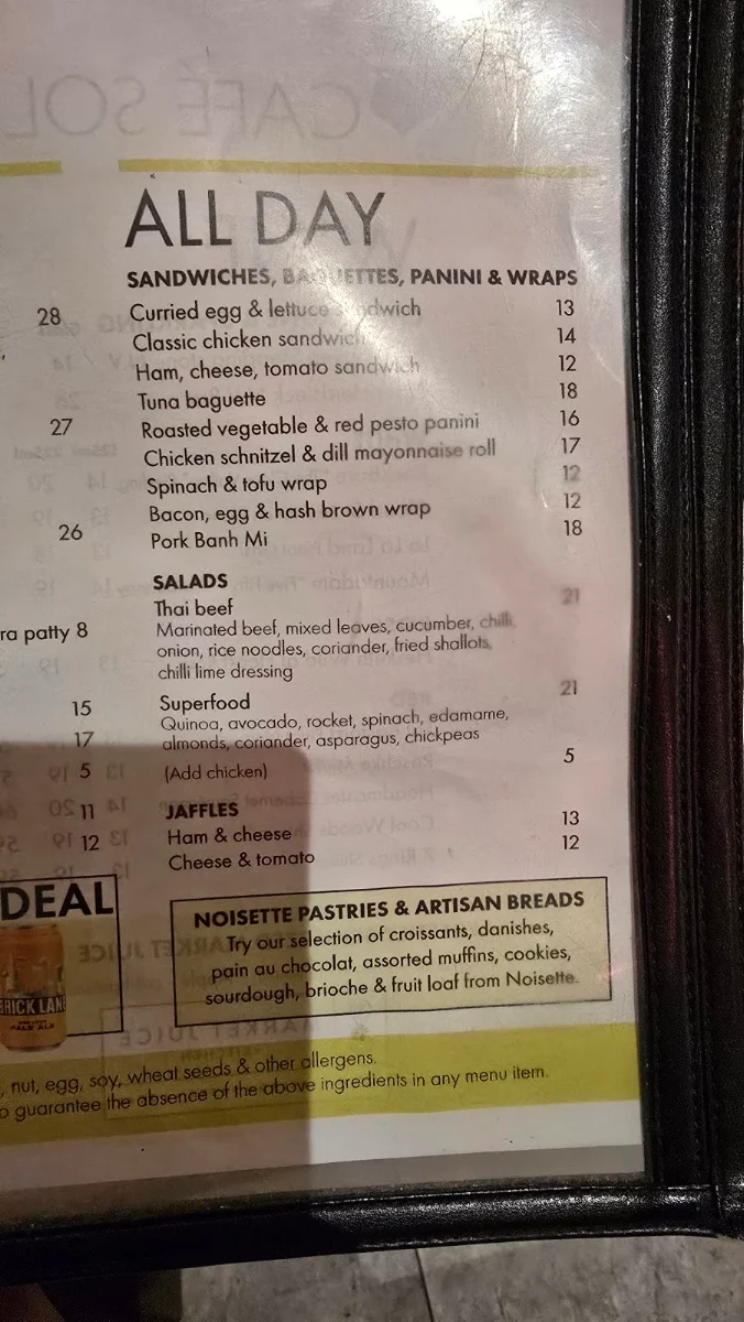 Menu, Cafe Sol