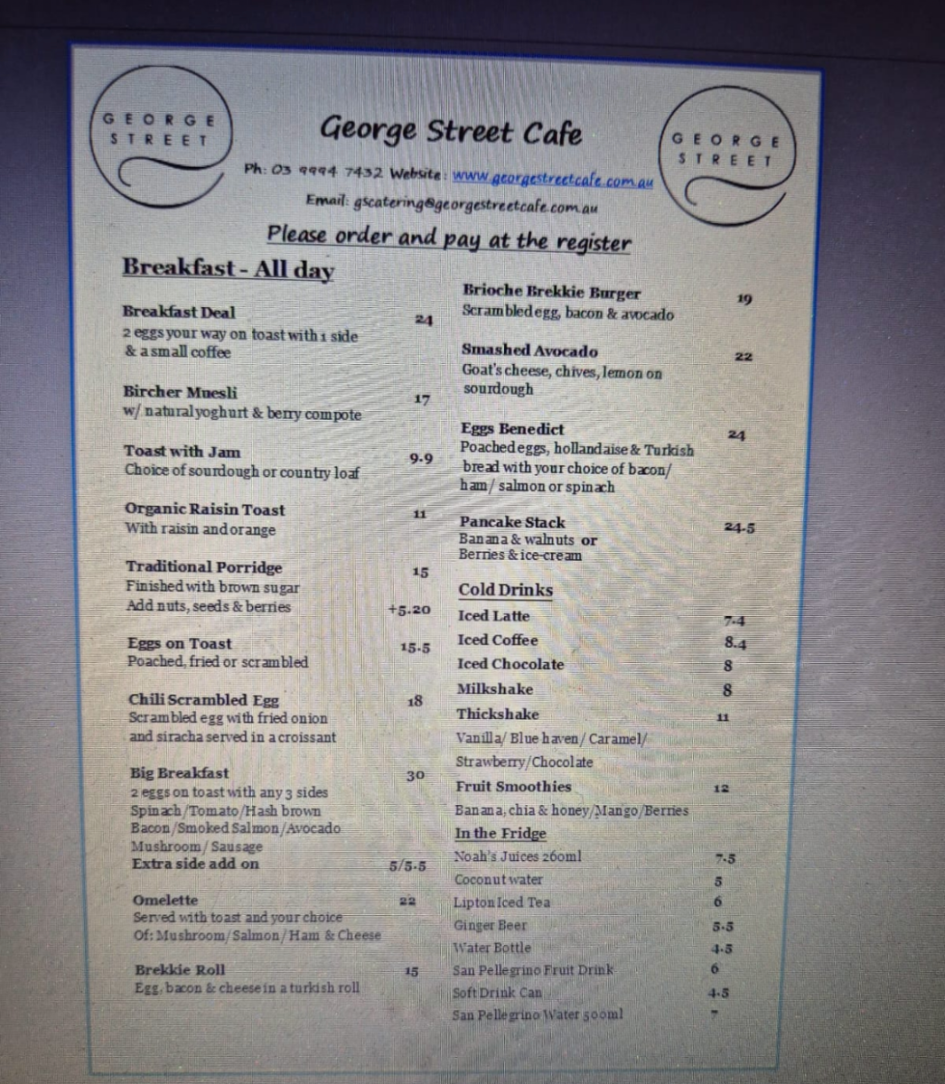 Menu, George Street Cafe