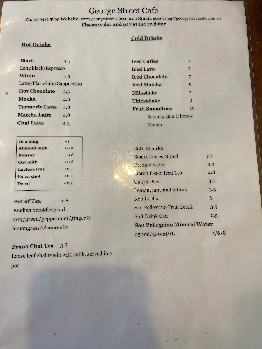 Menu, George Street Cafe