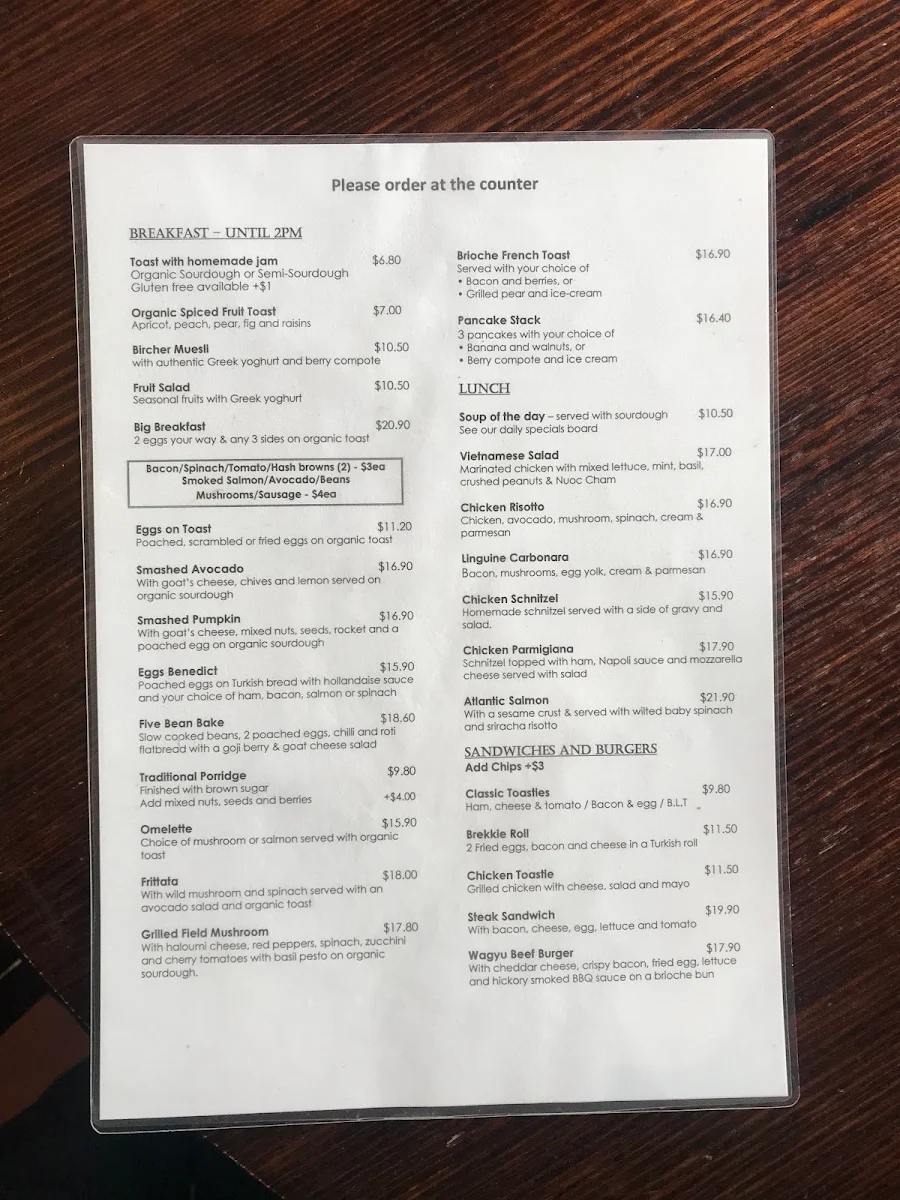 Menu, George Street Cafe