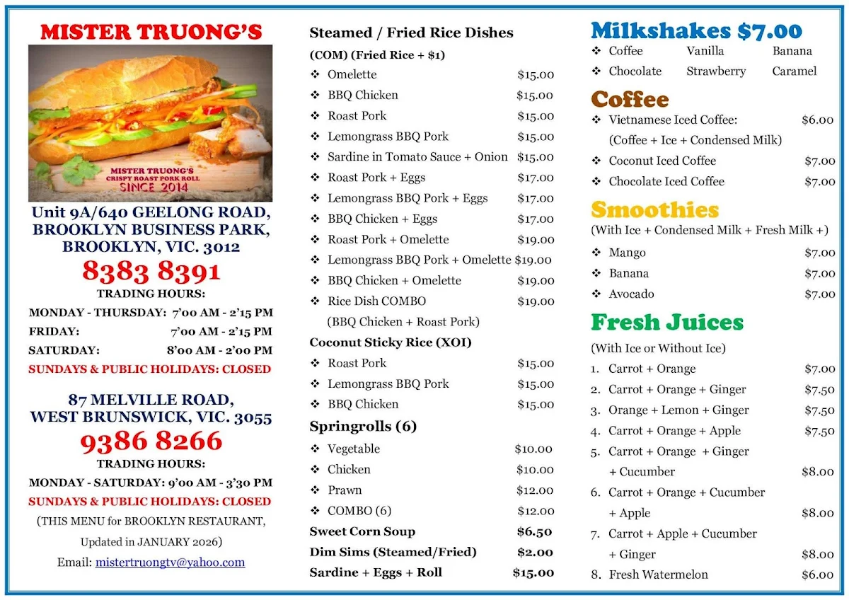 Menu, Mister Truong's