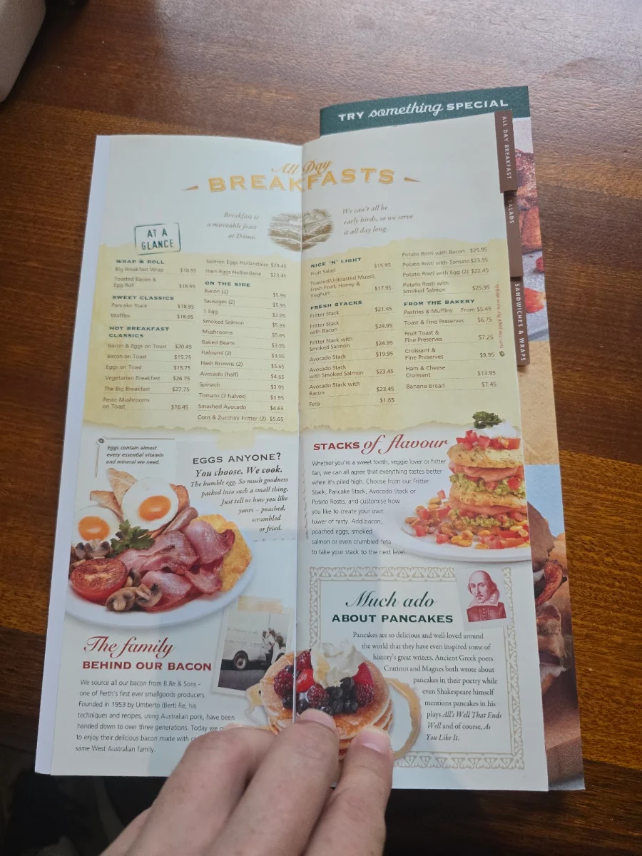 Menu, Dôme Café - Westralia Plaza
