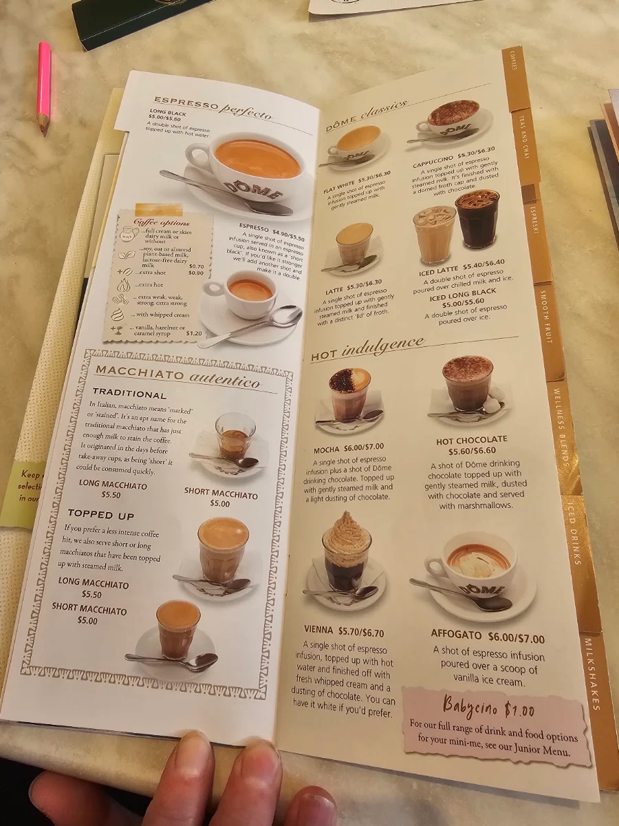 Menu, Dôme Café - Westralia Plaza