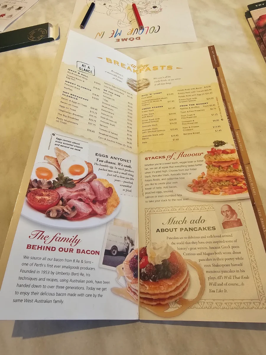 Menu, Dôme Café - Westralia Plaza