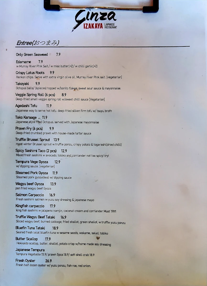 Menu, Ginza Izakaya Parramatta