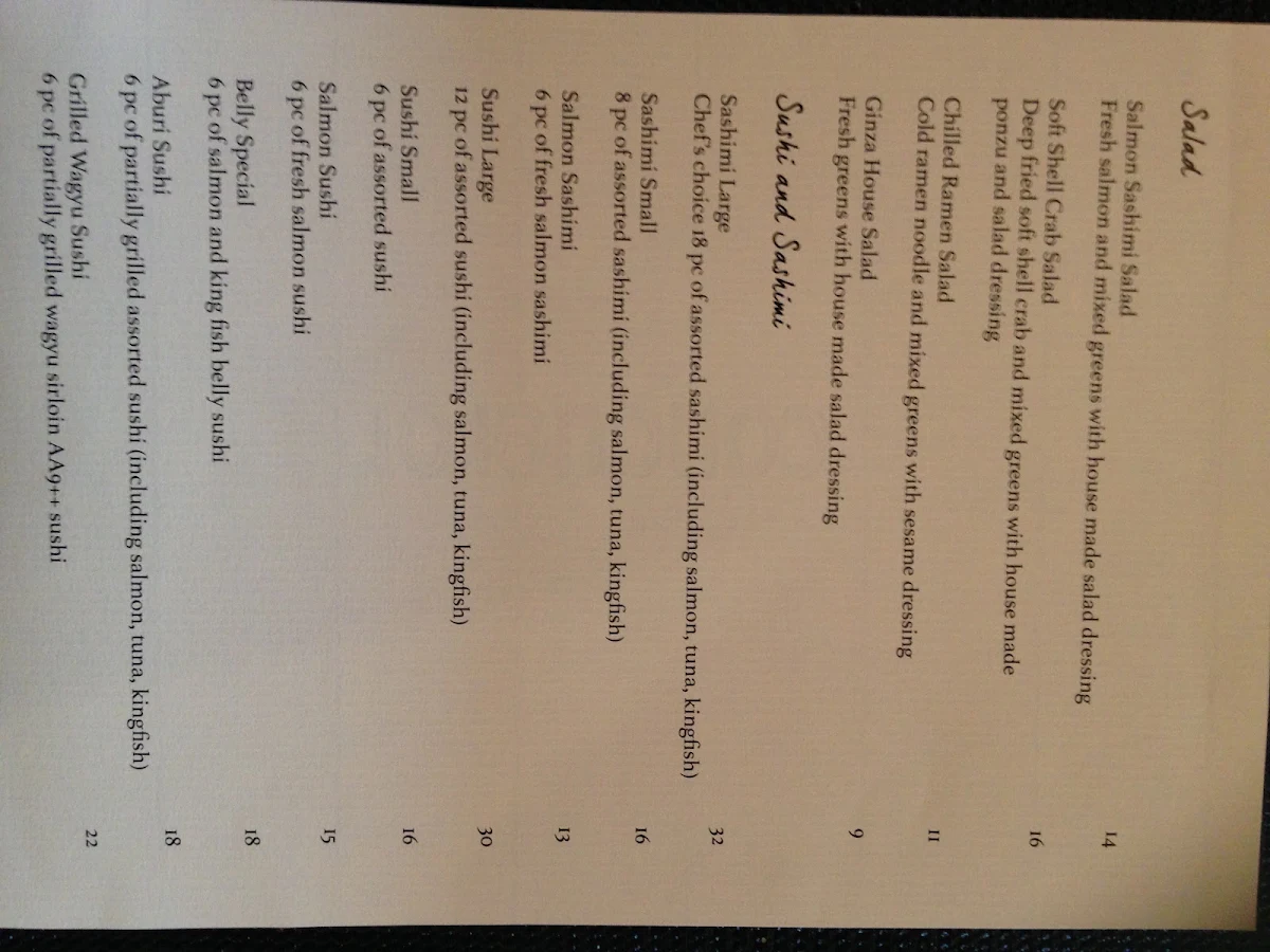 Menu, Ginza Izakaya Parramatta