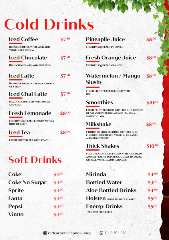 Menu, Red Carpet Cafe and Lounge