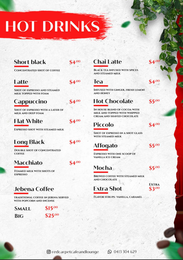 Menu, Red Carpet Cafe and Lounge