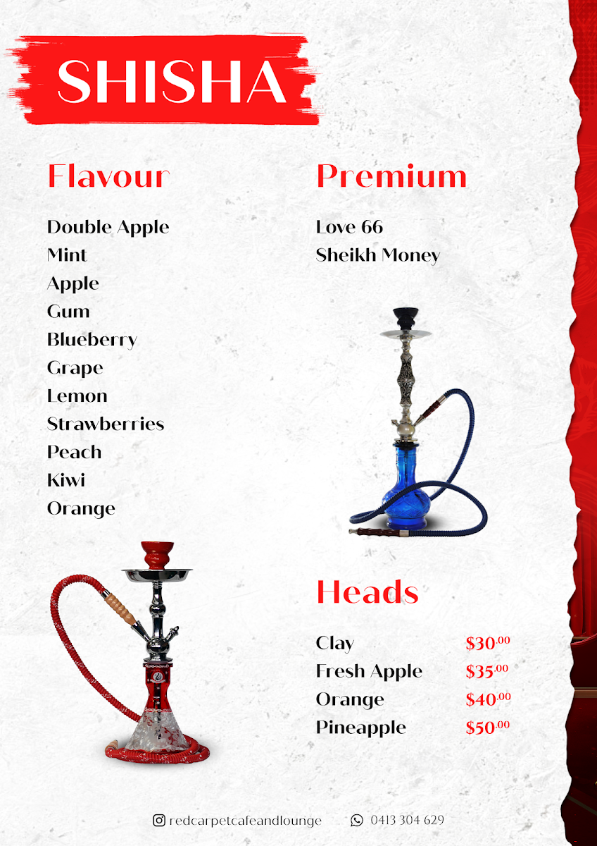 Menu, Red Carpet Cafe and Lounge