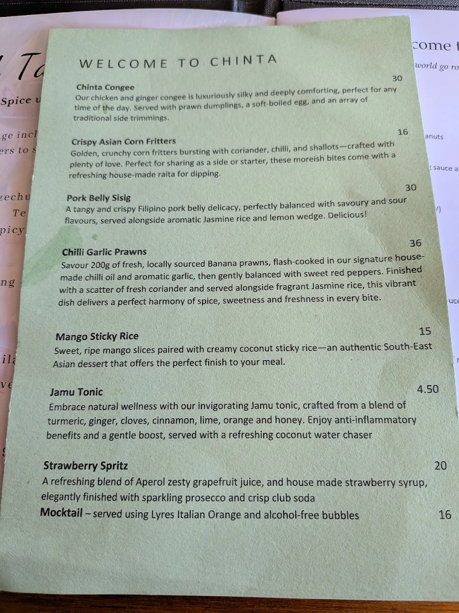 Menu, Chinta